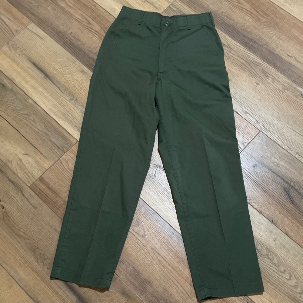 Mens Olive Green Utility Work Pants Size 27x28 Cargo Pocket Button Fly